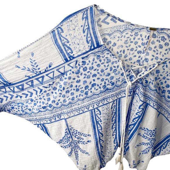 Free People Geometric Flowy Gauze Semi Sheer Boho Dolman Batwing Rope Tie Top XS - Picture 7 of 10